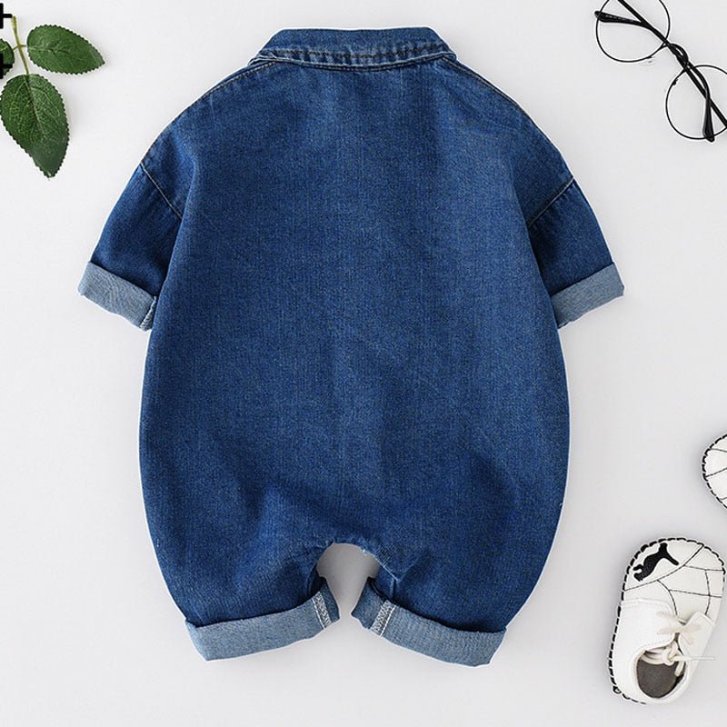 Denim Long Sleeve Unisex Baby Romper - Blue & Apricot - JAC