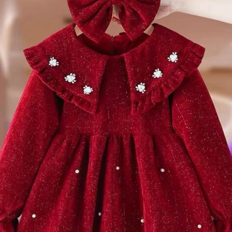 Embroidered Crimson Knee - Length Cotton Dress for Girls - JAC