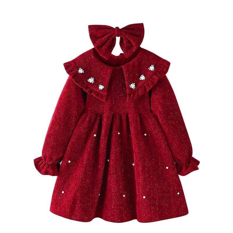 Embroidered Crimson Knee - Length Cotton Dress for Girls - JAC