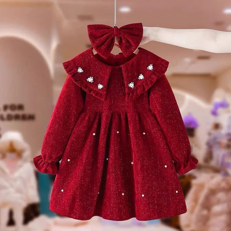 Embroidered Crimson Knee - Length Cotton Dress for Girls - JAC