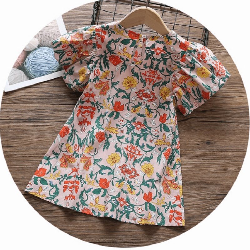 Floral A - Line Cotton Dress with Puff Sleeves - JAC