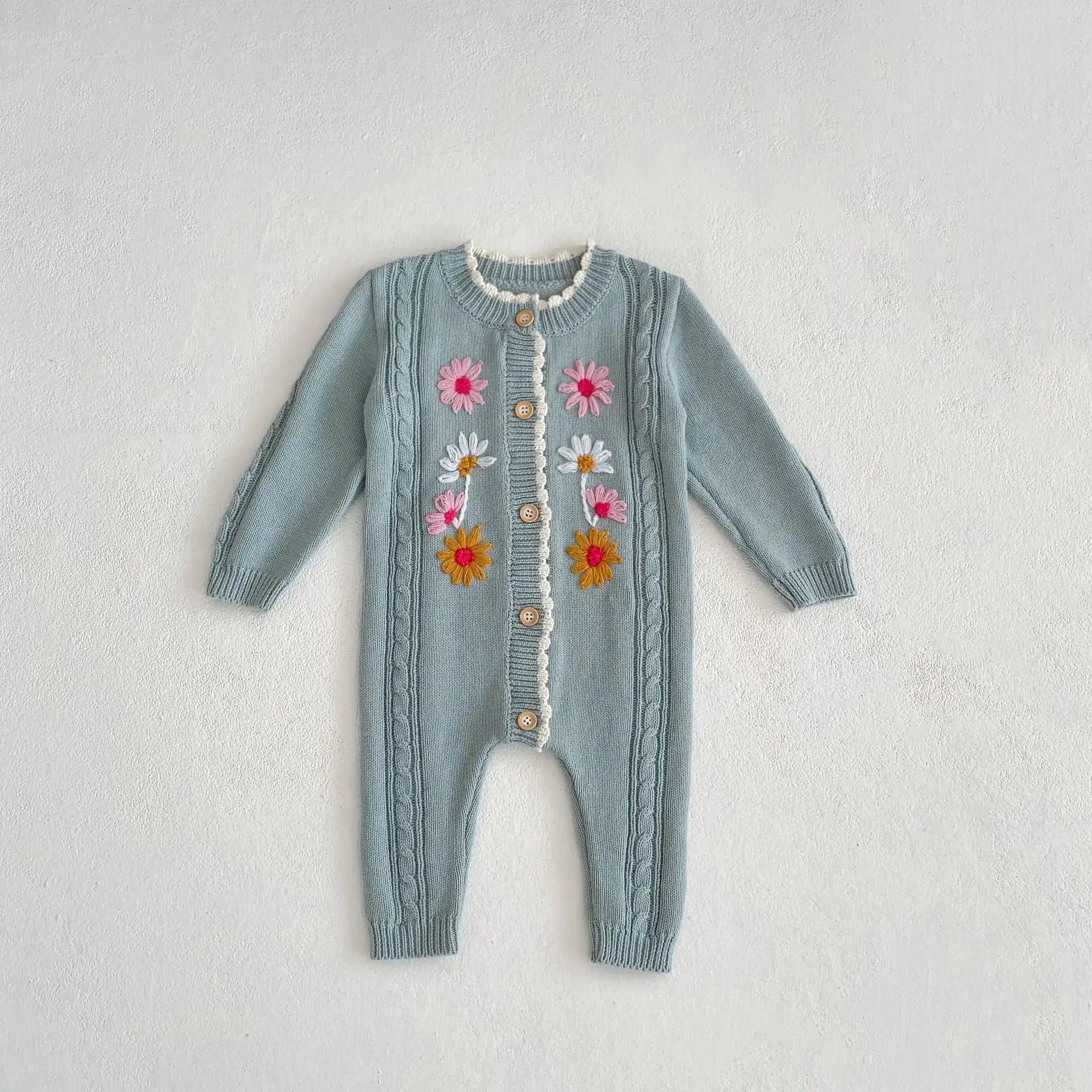 Floral Embroidered Baby Romper in Blue & Apricot - Full Length Knit Sleeve - JAC