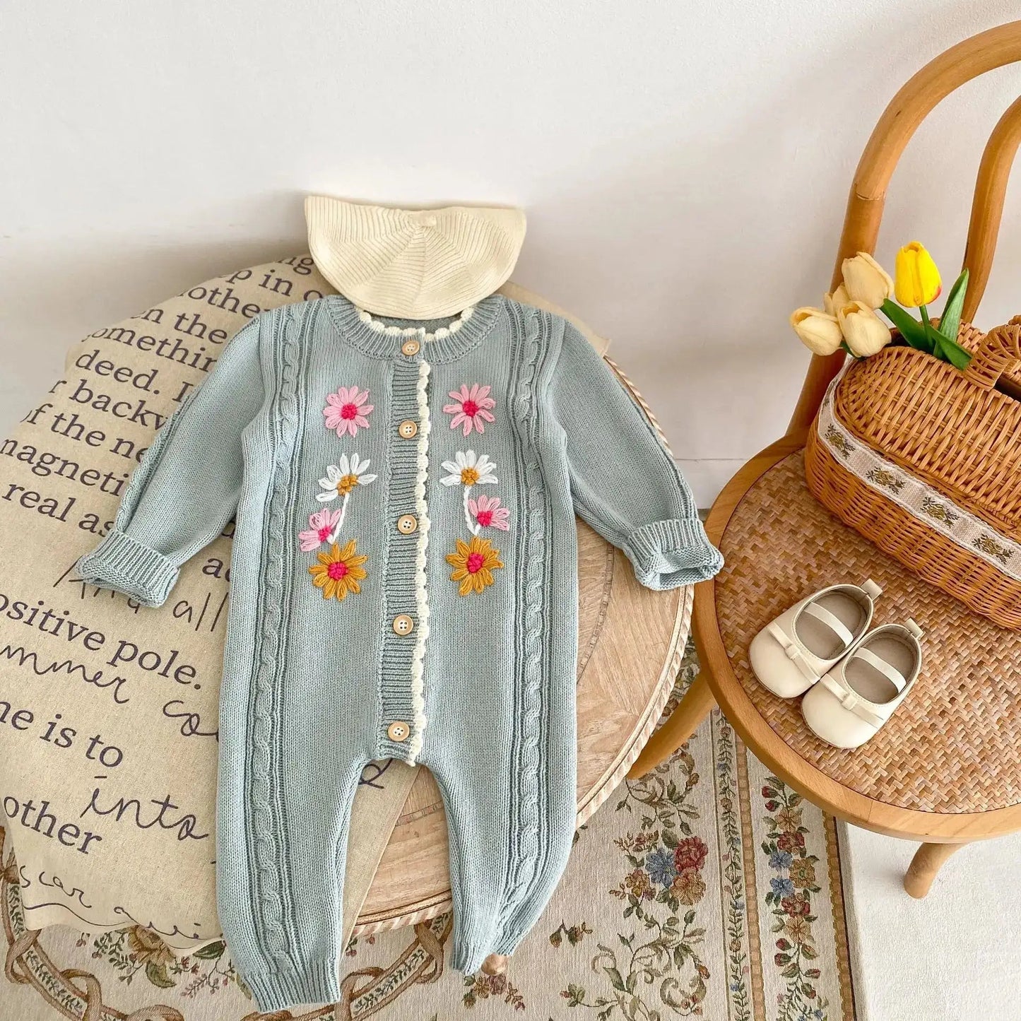 Floral Embroidered Baby Romper in Blue & Apricot - Full Length Knit Sleeve - JAC