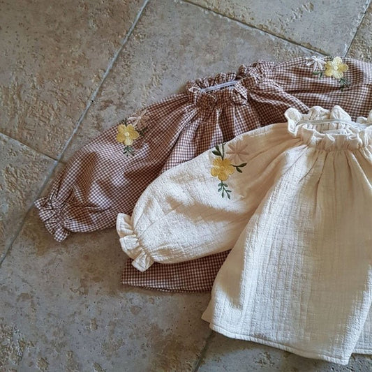 Floral Embroidered Beige & Plaid Baby Blouse - JAC