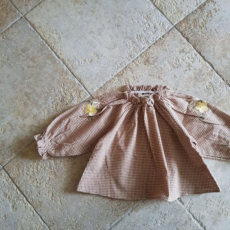 Floral Embroidered Beige & Plaid Baby Blouse - JAC
