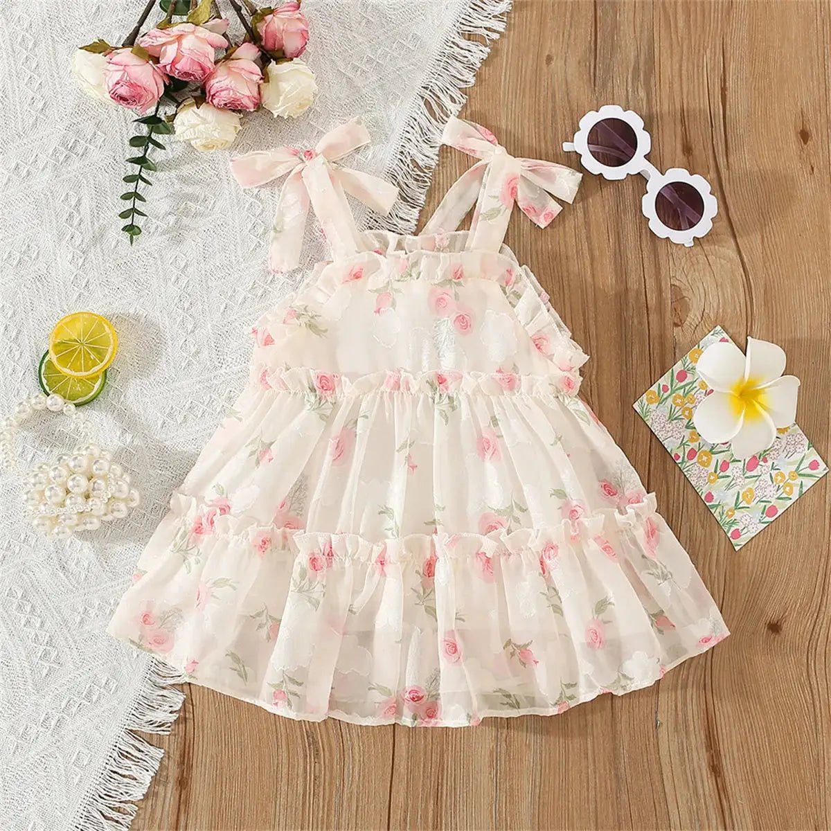 Floral Pink and Beige Bow Tie Ruffle Maxi Dress for Girls - JAC