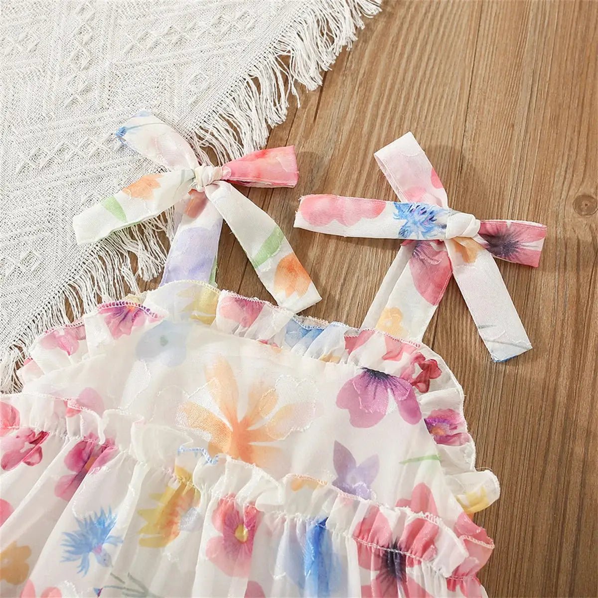 Floral Pink and Beige Bow Tie Ruffle Maxi Dress for Girls - JAC