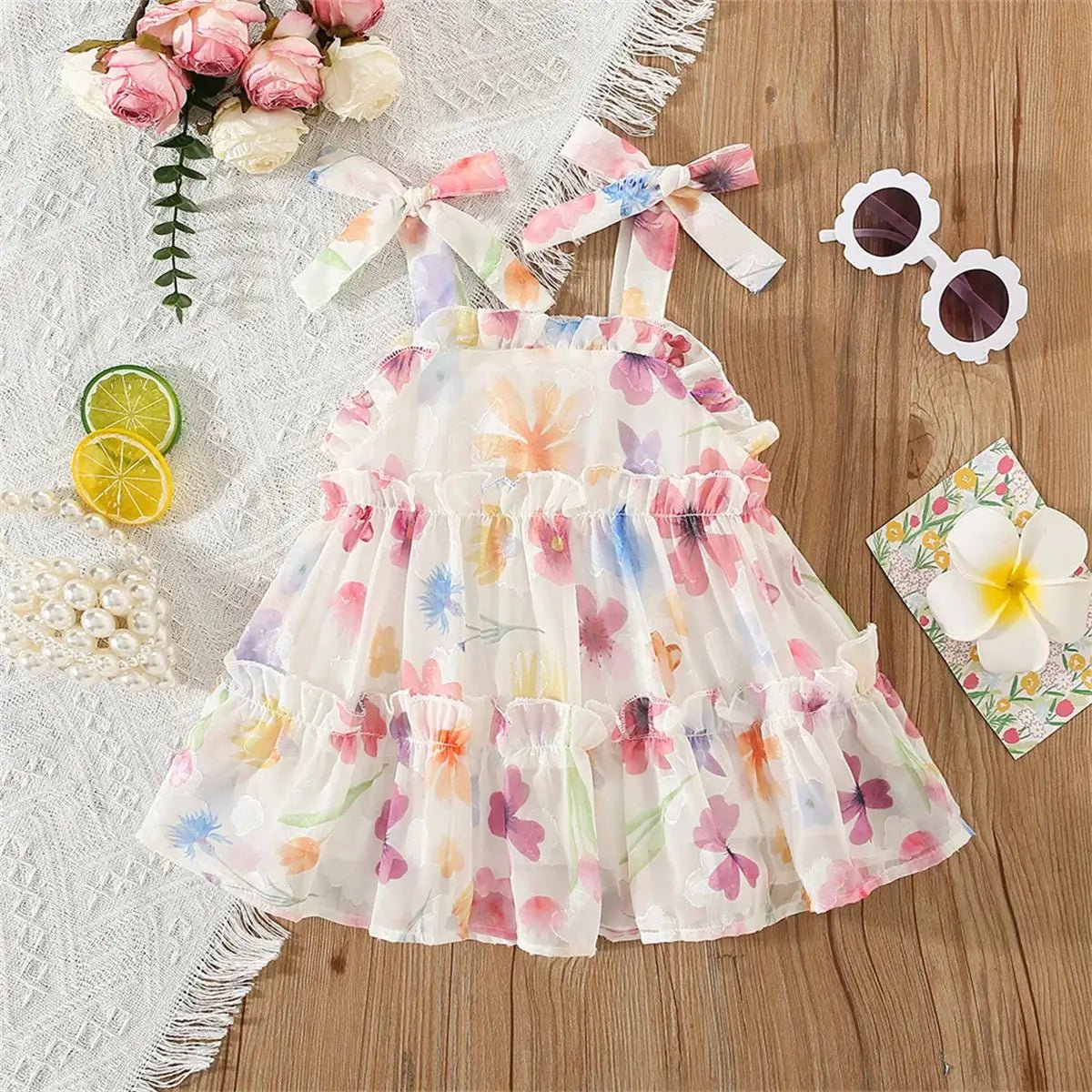 Floral Pink and Beige Bow Tie Ruffle Maxi Dress for Girls - JAC