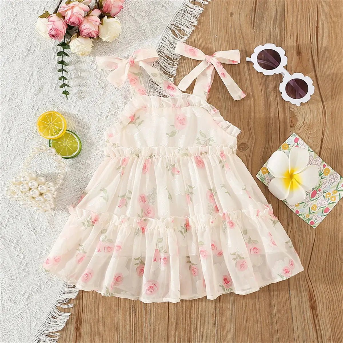 Floral Pink and Beige Bow Tie Ruffle Maxi Dress for Girls - JAC