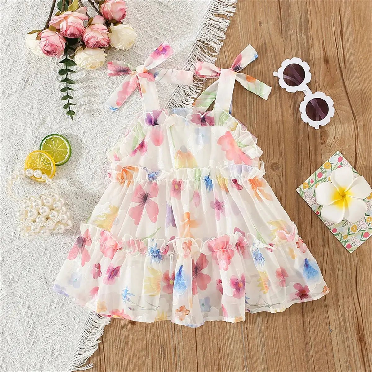 Floral Pink and Beige Bow Tie Ruffle Maxi Dress for Girls - JAC