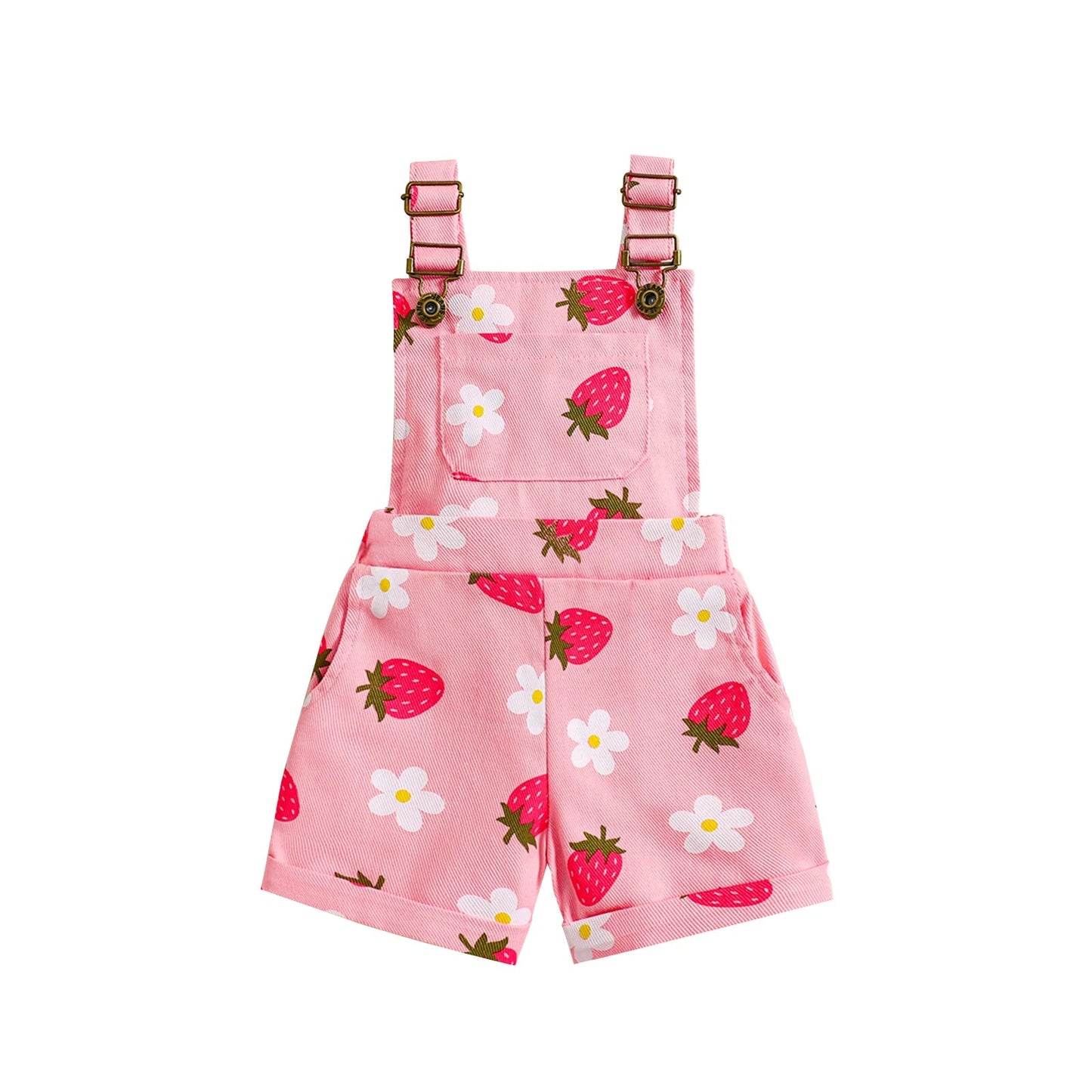 FOCUSNORM 0 - 6Y Lovely Little Girls Denim Overalls Shorts Sleeveless Flower/Strawberry Print Strap Jeans Suspender Outfit - JAC