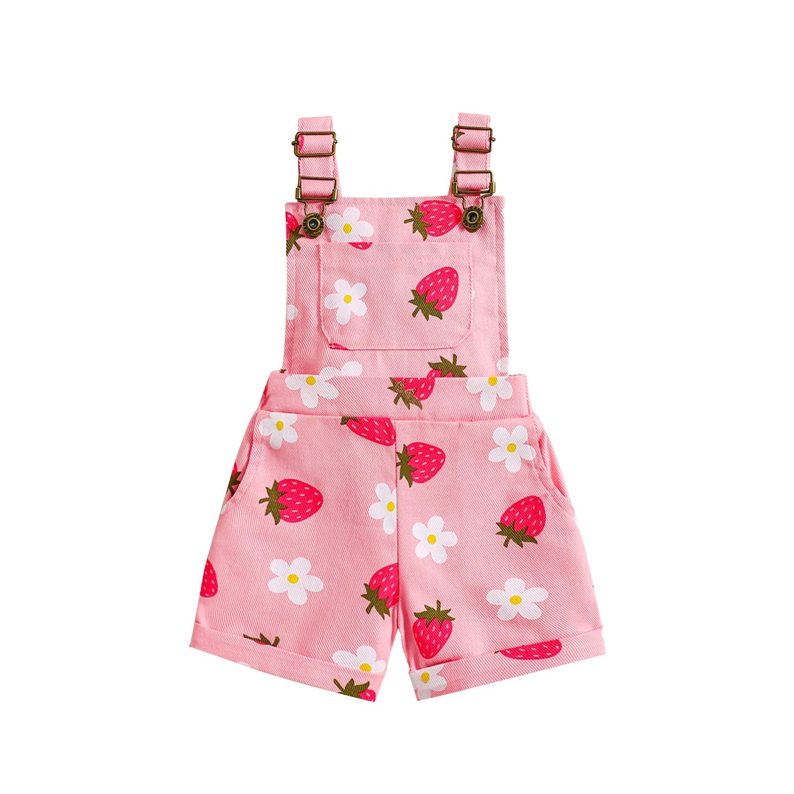 FOCUSNORM 0 - 6Y Lovely Little Girls Denim Overalls Shorts Sleeveless Flower/Strawberry Print Strap Jeans Suspender Outfit - JAC