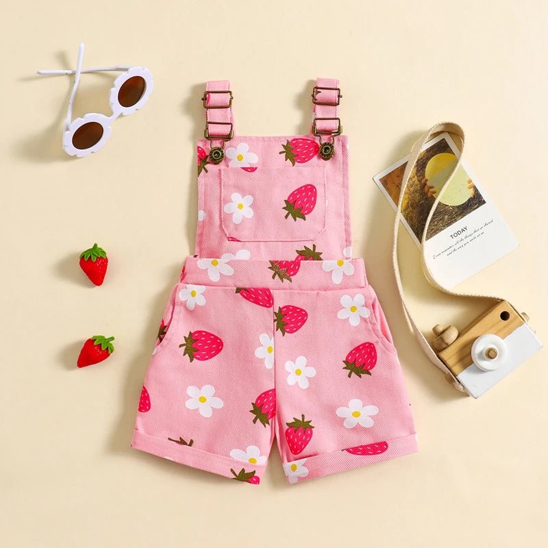 FOCUSNORM 0 - 6Y Lovely Little Girls Denim Overalls Shorts Sleeveless Flower/Strawberry Print Strap Jeans Suspender Outfit - JAC