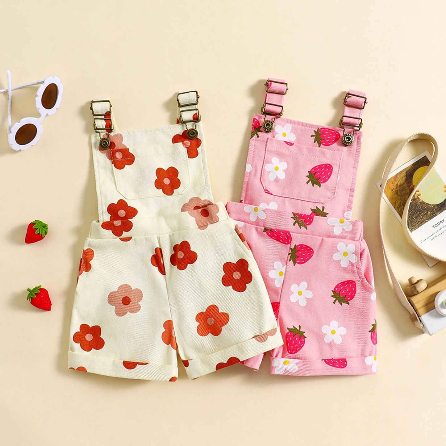 FOCUSNORM 0 - 6Y Lovely Little Girls Denim Overalls Shorts Sleeveless Flower/Strawberry Print Strap Jeans Suspender Outfit - JAC