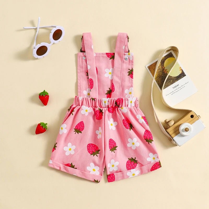 FOCUSNORM 0 - 6Y Lovely Little Girls Denim Overalls Shorts Sleeveless Flower/Strawberry Print Strap Jeans Suspender Outfit - JAC