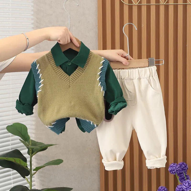 Gentleman Style Kids Sweater Vest Tracksuit Set with Striped T - shirt and Pants - Autumn Collection - JAC