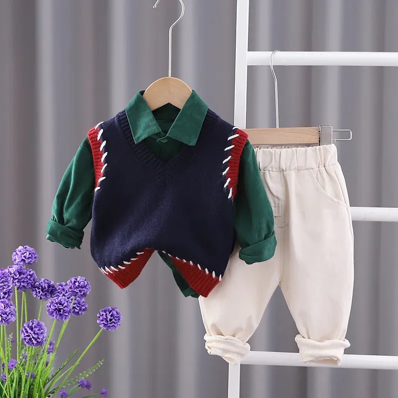 Gentleman Style Kids Sweater Vest Tracksuit Set with Striped T - shirt and Pants - Autumn Collection - JAC