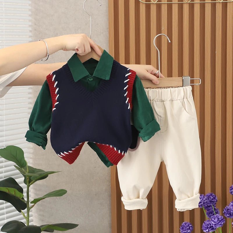 Gentleman Style Kids Sweater Vest Tracksuit Set with Striped T - shirt and Pants - Autumn Collection - JAC