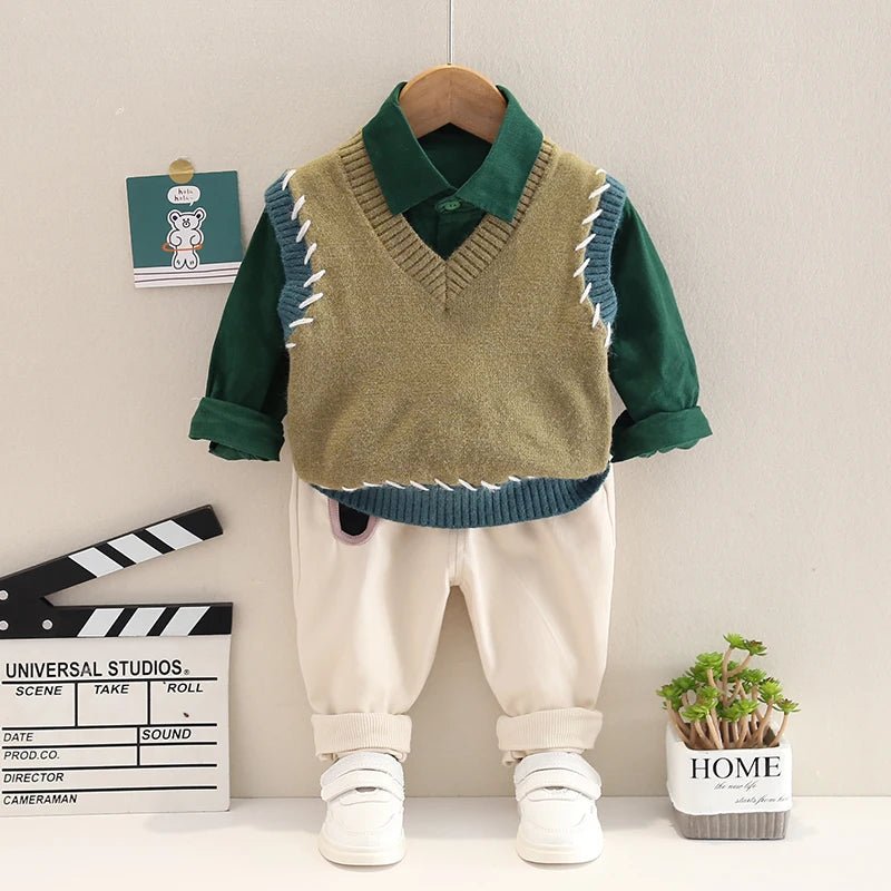 Gentleman Style Kids Sweater Vest Tracksuit Set with Striped T - shirt and Pants - Autumn Collection - JAC