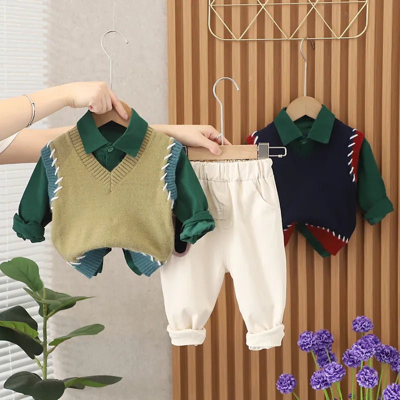 Gentleman Style Kids Sweater Vest Tracksuit Set with Striped T - shirt and Pants - Autumn Collection - JAC