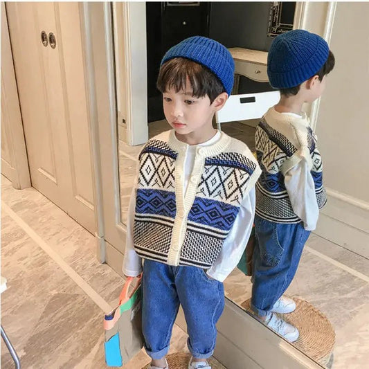 Geometric Blue Cotton Kids' Sweater Vest - JAC