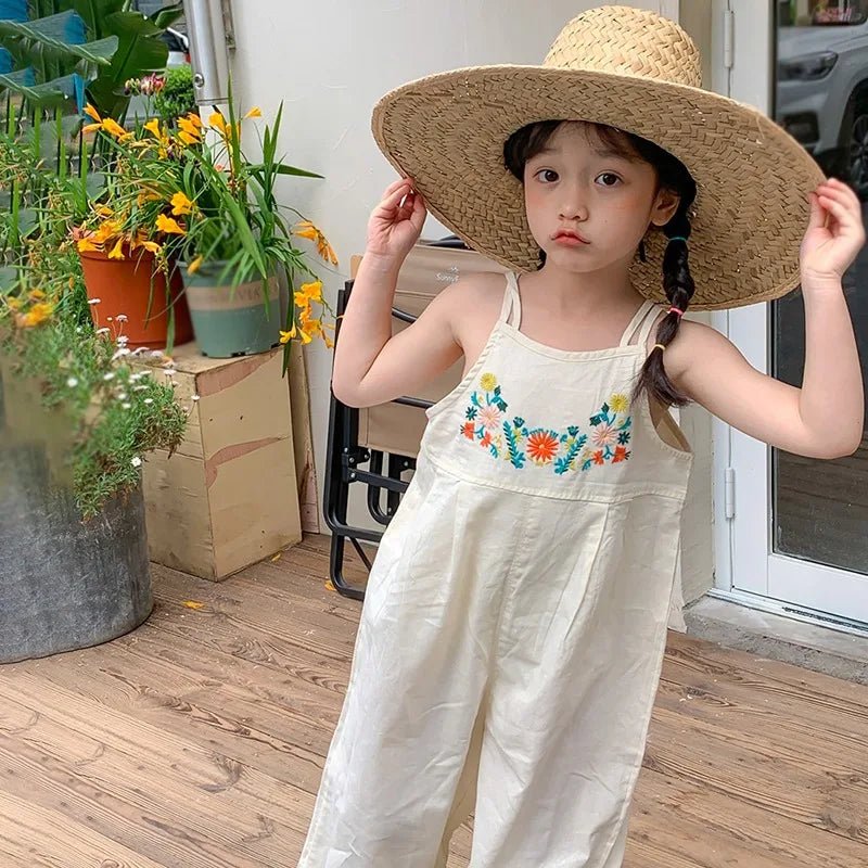 Girls Kids Overalls Summer Jumpsuit Embroidered Wide Leg Pants Fashion Children Girl Bodysuit Romper Kids Outfits 3 - 8Y - JAC