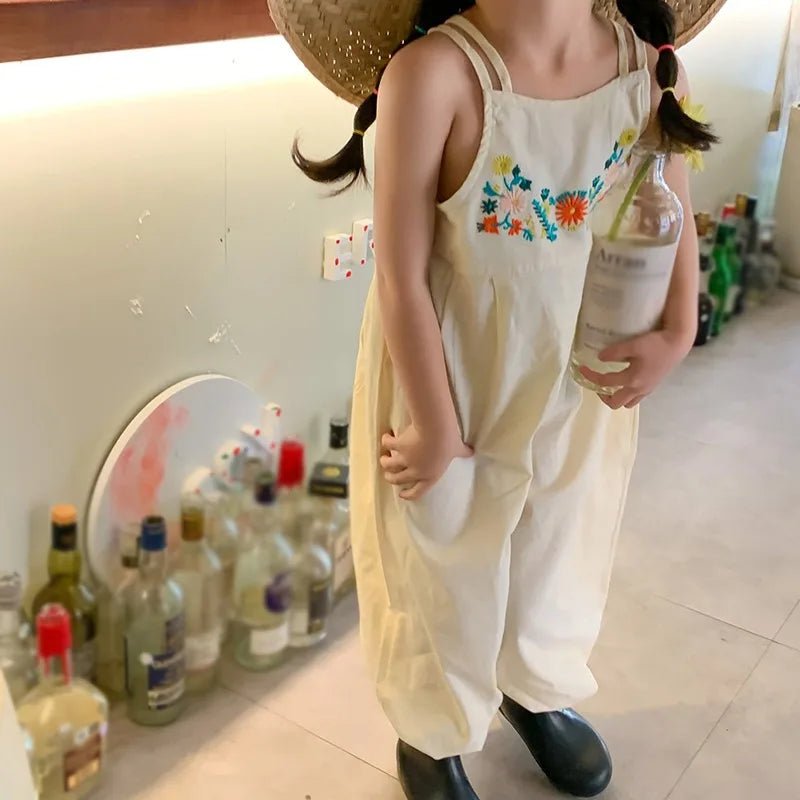 Girls Kids Overalls Summer Jumpsuit Embroidered Wide Leg Pants Fashion Children Girl Bodysuit Romper Kids Outfits 3 - 8Y - JAC