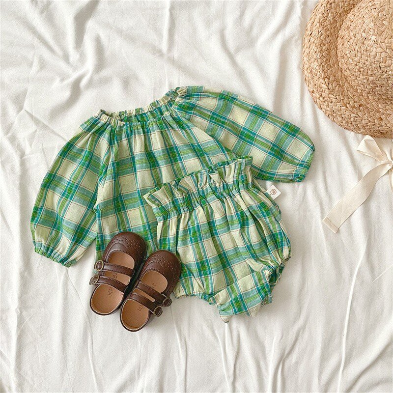 Green Plaid Balloon Sleeve Top and Bloomer Shorts Set for Girls - JAC