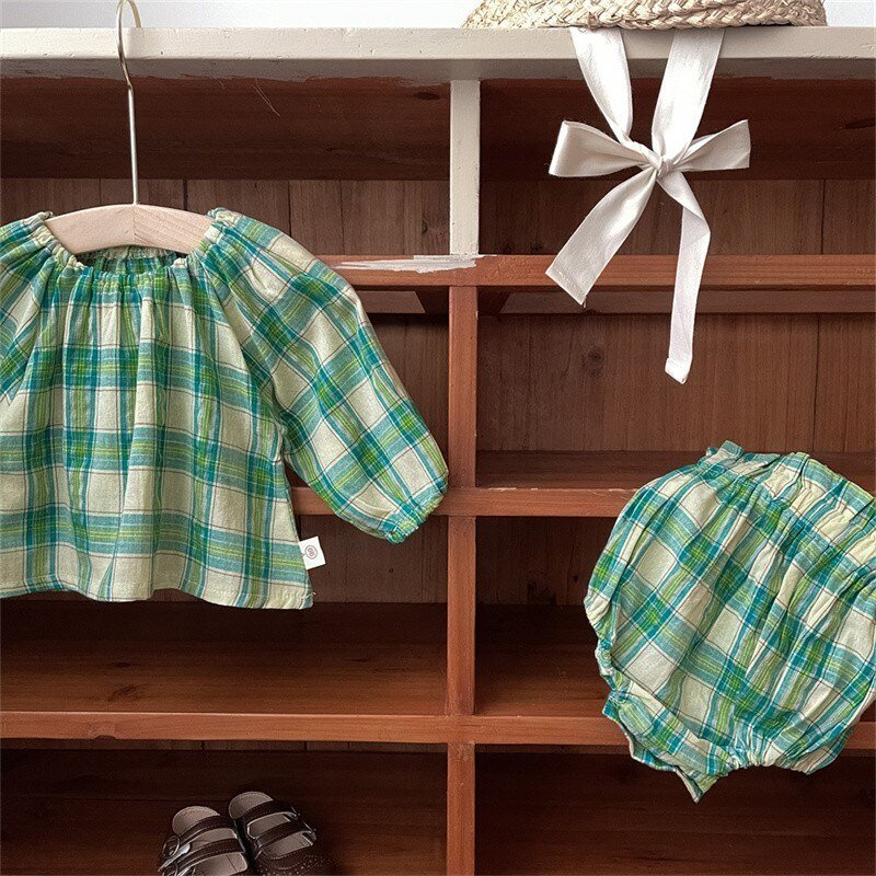 Green Plaid Balloon Sleeve Top and Bloomer Shorts Set for Girls - JAC