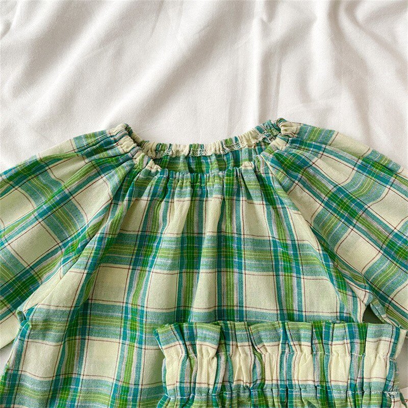 Green Plaid Balloon Sleeve Top and Bloomer Shorts Set for Girls - JAC