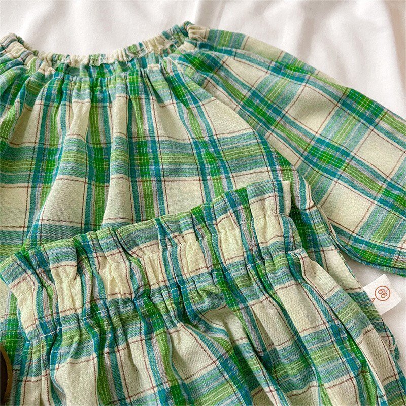 Green Plaid Balloon Sleeve Top and Bloomer Shorts Set for Girls - JAC
