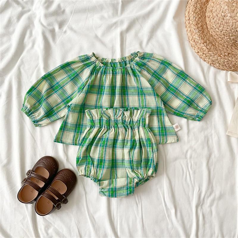 Green Plaid Balloon Sleeve Top and Bloomer Shorts Set for Girls - JAC