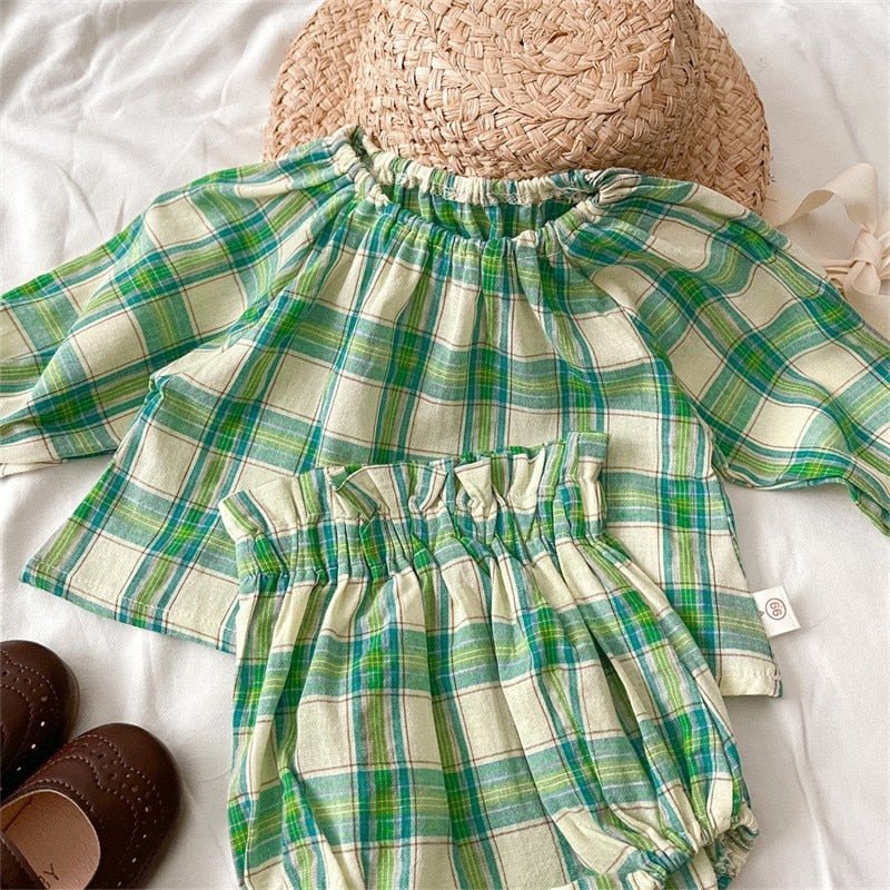 Green Plaid Balloon Sleeve Top and Bloomer Shorts Set for Girls - JAC