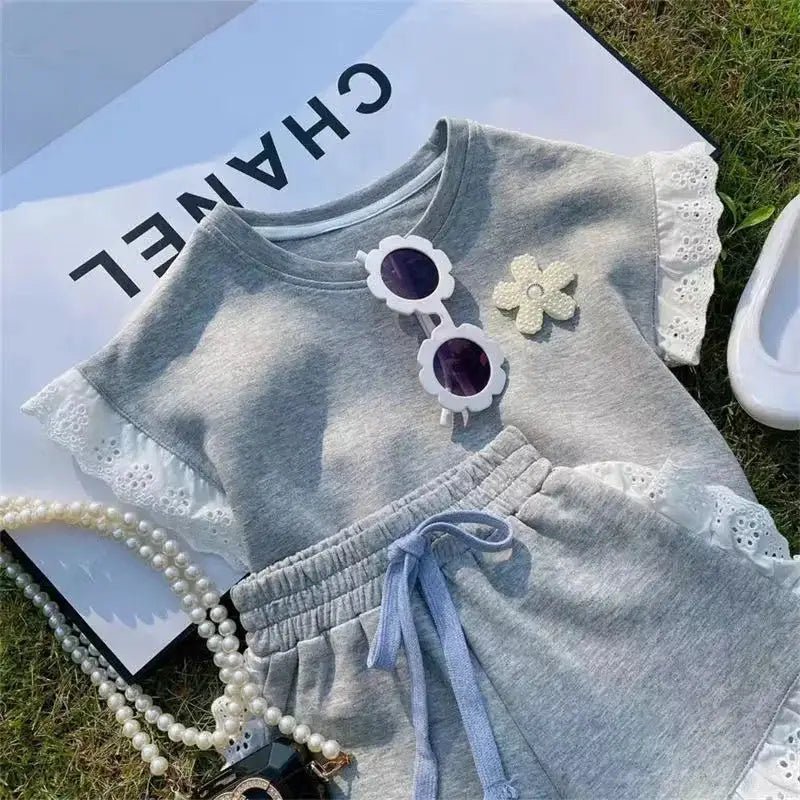 Grey Lace Matching Crop Top and Shorts Set for Kids - JAC