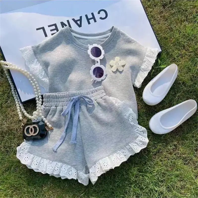 Grey Lace Matching Crop Top and Shorts Set for Kids - JAC