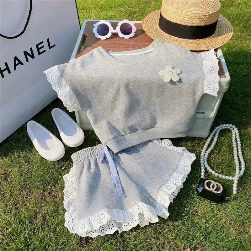 Grey Lace Matching Crop Top and Shorts Set for Kids - JAC