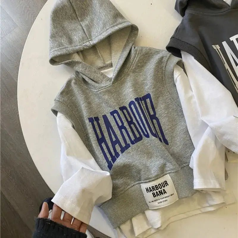 Grey Sleeveless Hooded Jumper Vest with White Long Sleeve Top for Boys - JAC