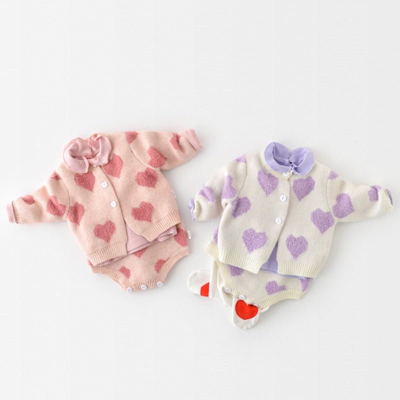 Heart Patterned Knit Cardigan and Romper Set for Girls in Pink and Purple - JAC