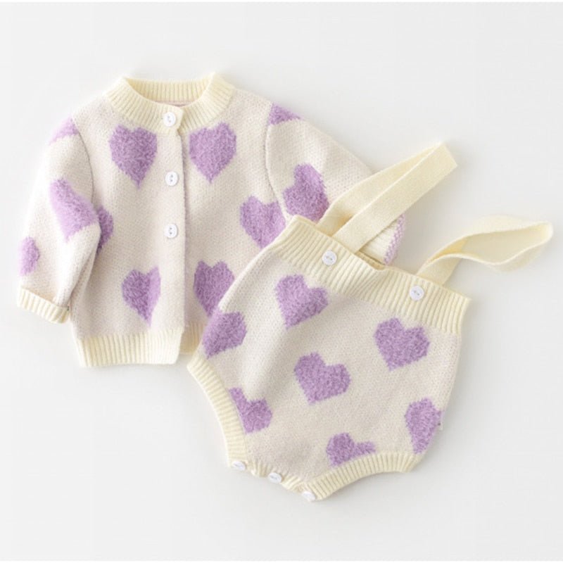 Heart Patterned Knit Cardigan and Romper Set for Girls in Pink and Purple - JAC