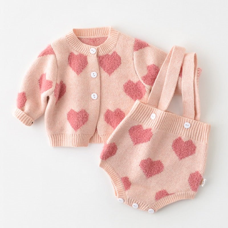 Heart Patterned Knit Cardigan and Romper Set for Girls in Pink and Purple - JAC