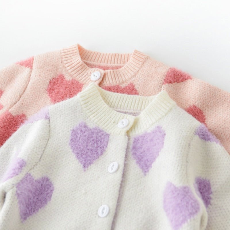 Heart Patterned Knit Cardigan and Romper Set for Girls in Pink and Purple - JAC