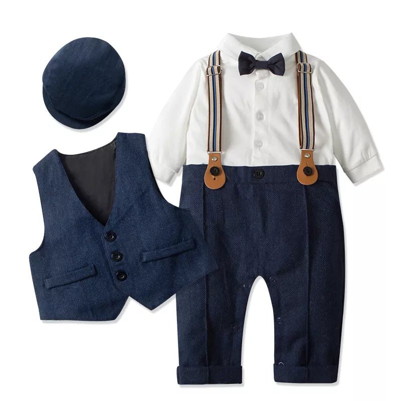 Infant Boy's Formal Cotton Romper Set with Vest and Hat - JAC