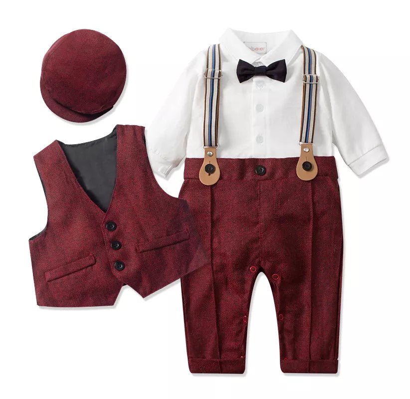 Infant Boy's Formal Cotton Romper Set with Vest and Hat - JAC