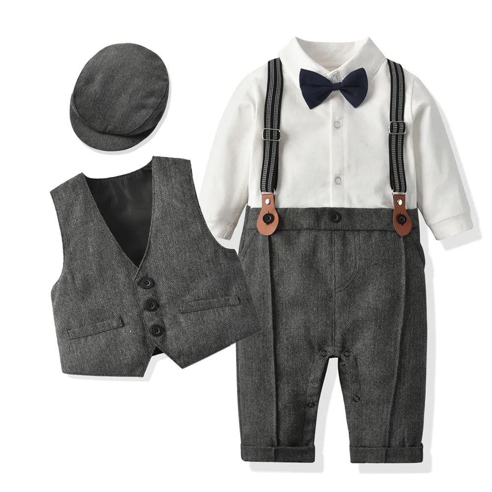 Infant Boy's Formal Cotton Romper Set with Vest and Hat - JAC