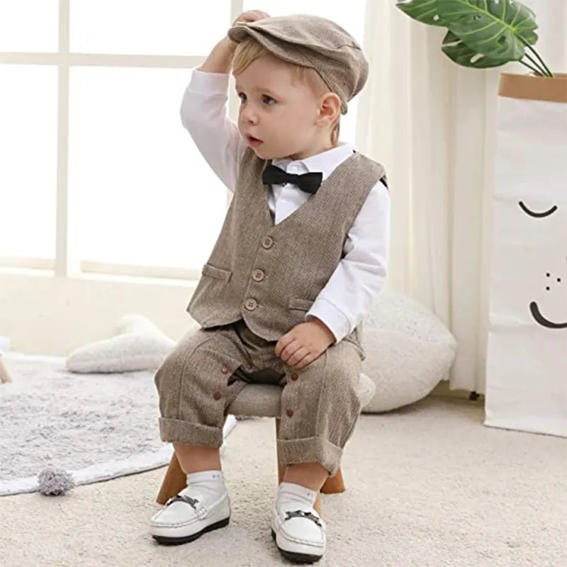 Infant Boy's Formal Cotton Romper Set with Vest and Hat - JAC