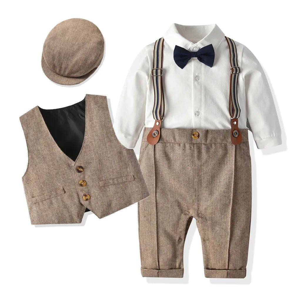 Infant Boy's Formal Cotton Romper Set with Vest and Hat - JAC