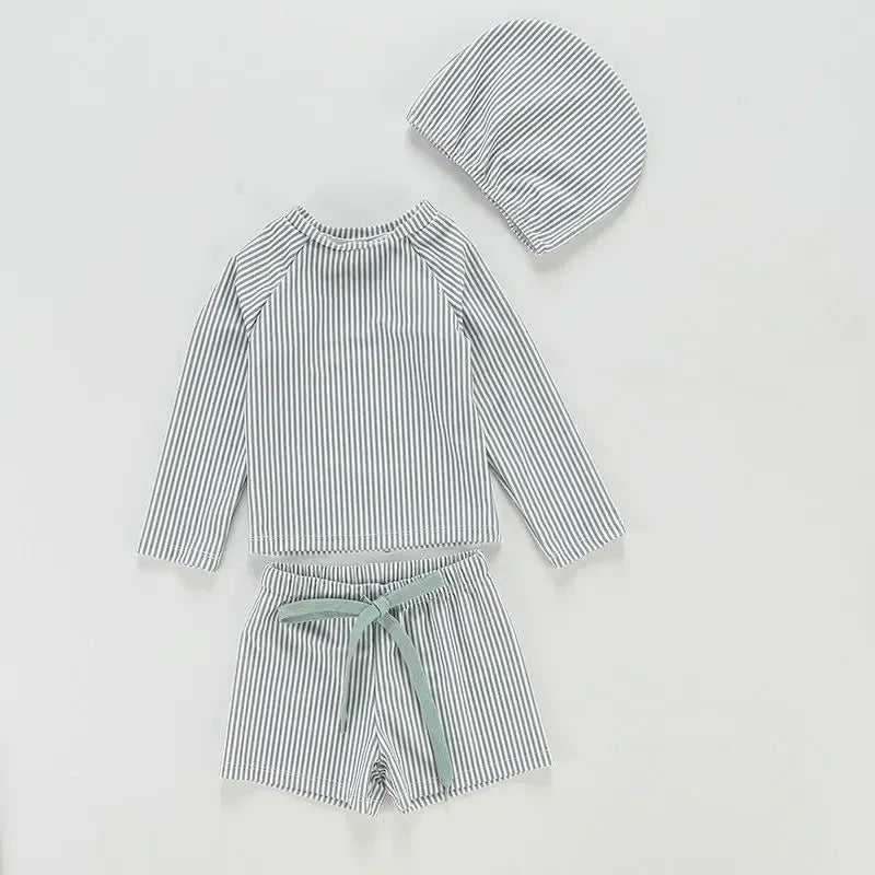 INS New Children's Swimsuit Boys Striped Split Sun Protection Long Sleeve Seaside Baby One Piece Swimwear Kids Swim Suit Boys - JAC