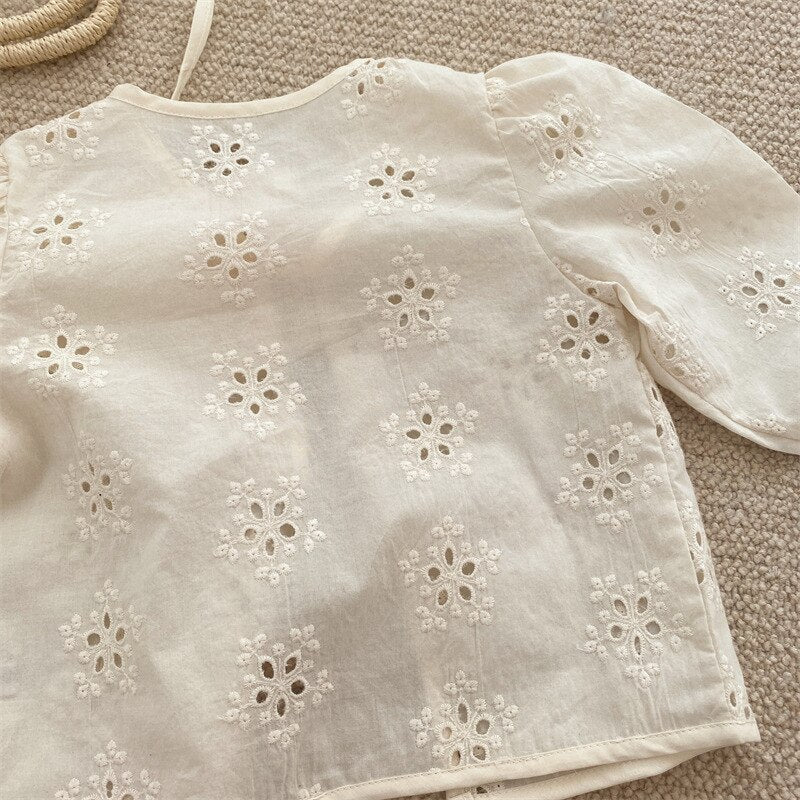 Ivory Lace - Up Embroidered Cardigan with Long Sleeves - JAC