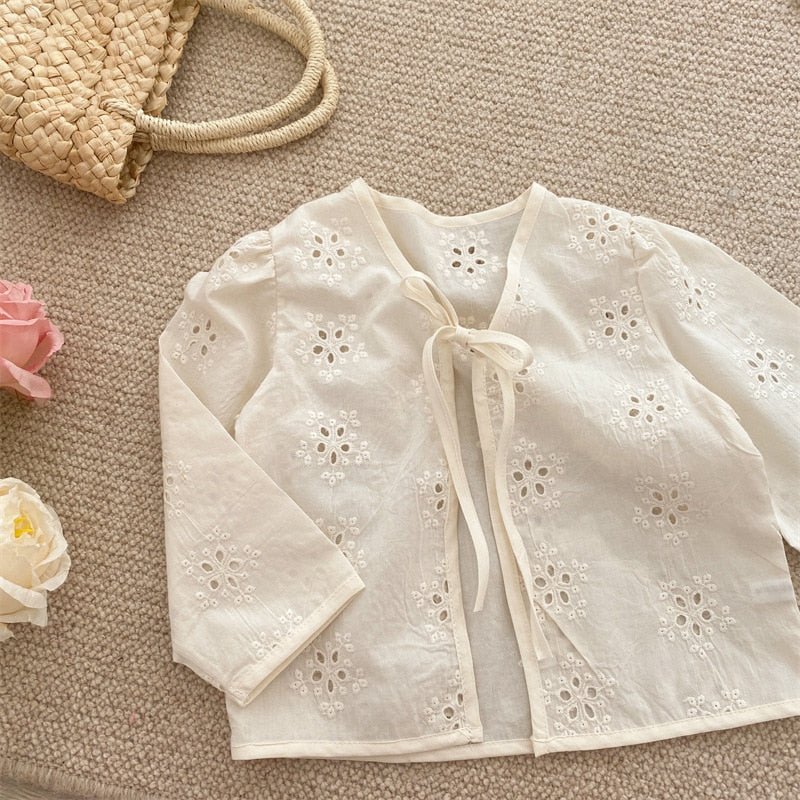 Ivory Lace - Up Embroidered Cardigan with Long Sleeves - JAC