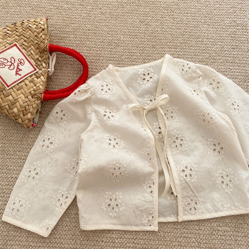 Ivory Lace - Up Embroidered Cardigan with Long Sleeves - JAC